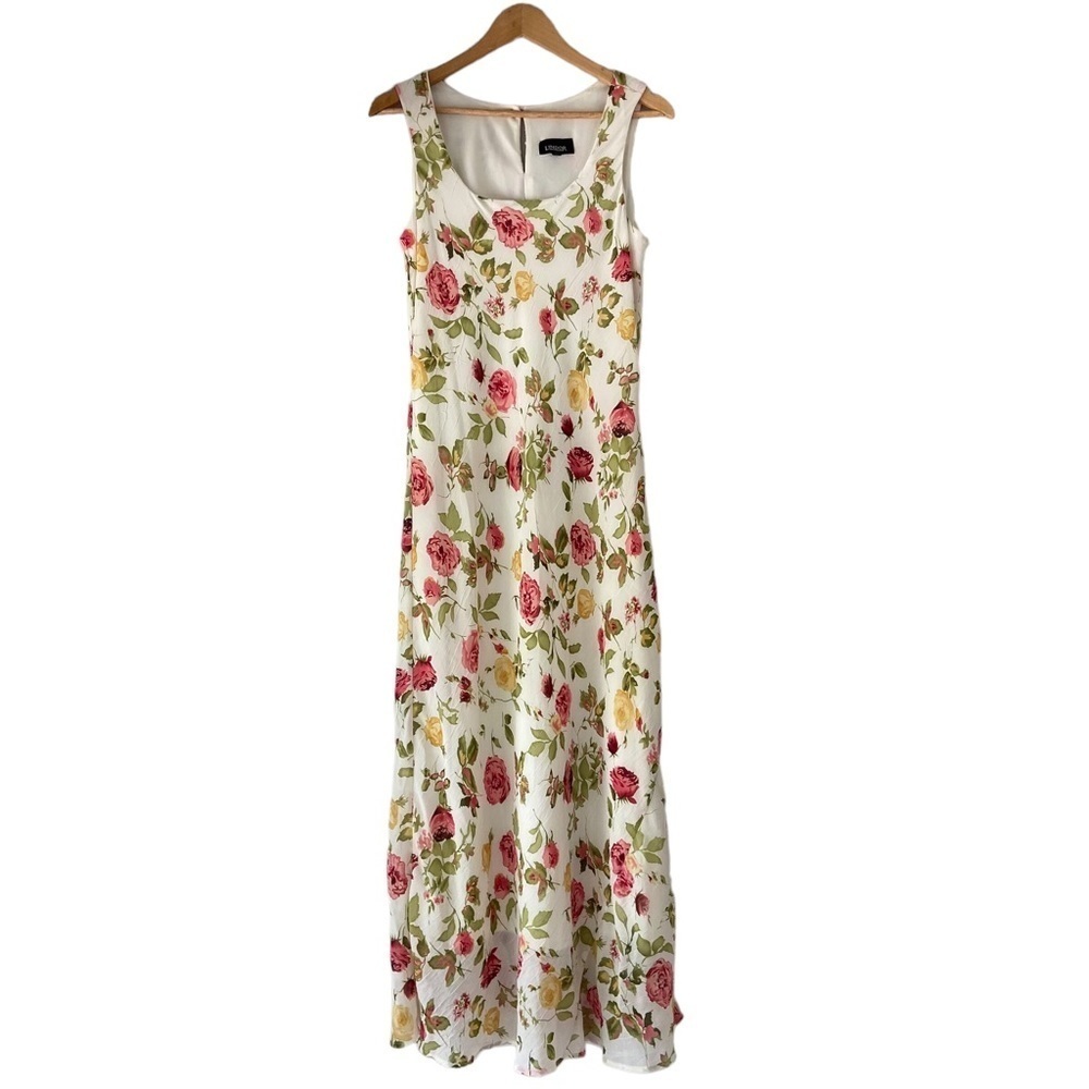 Vintage Lindor maxi dress white floral sleeveless green pink yellow rose size 12